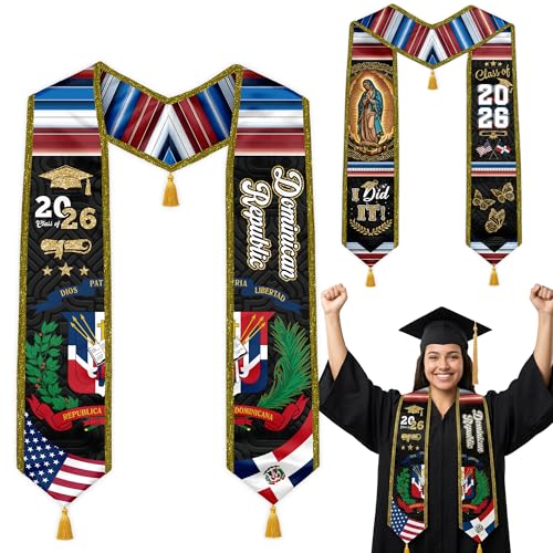 Graduation Stole Class of 2026 Reversible Sash with Gold Glitter Trim and Tassels V-Neck 72 Inch Satin - color: Dominican Republic & America