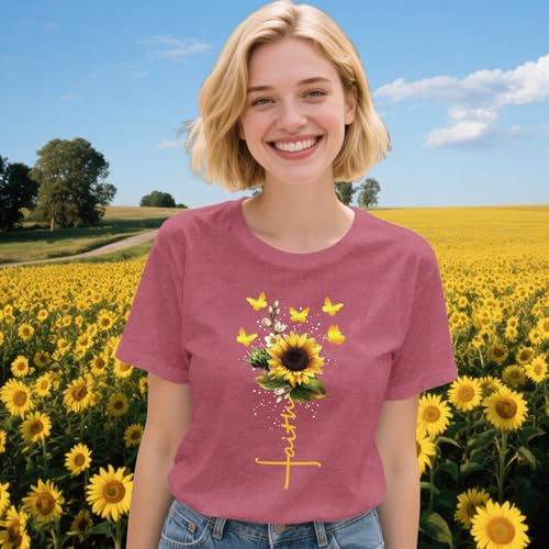Womens Christian Shirts Faith Cross Sunflower Butterfly T-Shirt Bible Verse Religious Tee Tops - color: Pink, size: XX-Large