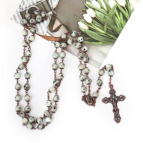 Nazareth Store Natural Stone Beads 8mm Rosary Necklace Antique Copper Design Holy Soil Medal & Cross in Velvet Bag - Catholic Rosaries Terra Santa Jerusalem Collection - color: Dalmatian Jasper