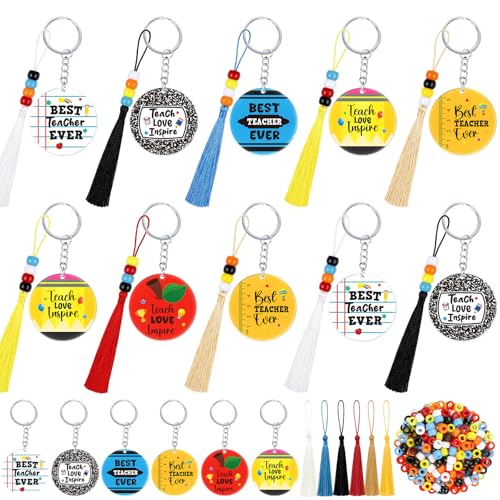 Cinrobiye 24 Set Back to School Keychain Craft Kit, DIY Classroom Activity Bead Keychains with Tassels, First Day of School Student Craft & Icebreaker Group Activity Set - style: Teacher