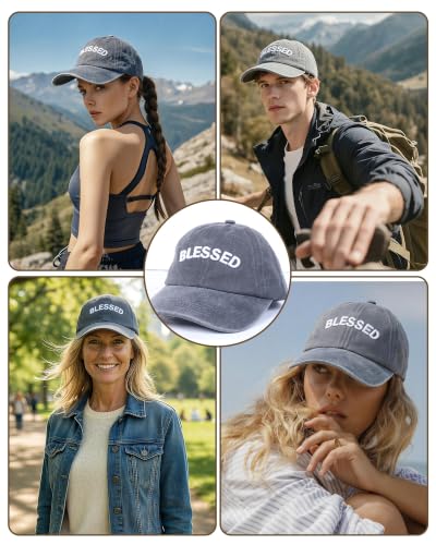 Christian Jesus Hats for Men, Adjustable Denim Cotton Faith Blessed Baseball Cap for Women - color: Grey-blessed