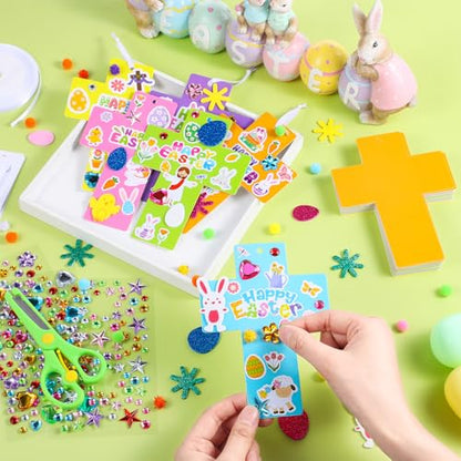 Funrous 48 Sets Crafts Kit Paper Crafts DIY Make Your Own Hanging Ornaments with Pompoms Diamond Stickers for Holiday Classroom Activities Party Favors, Easter Cross - style: Easter Cross