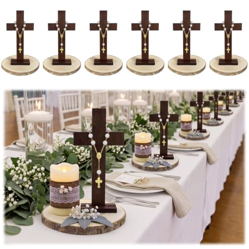 Novabright 6 Sets Baptism Centerpieces Table Decorations First Communion Wooden Cross Ornament Set with Mini Rosary Beaded Wood Slices for Baptism Celebration Church Ceremony Party Decor Gift