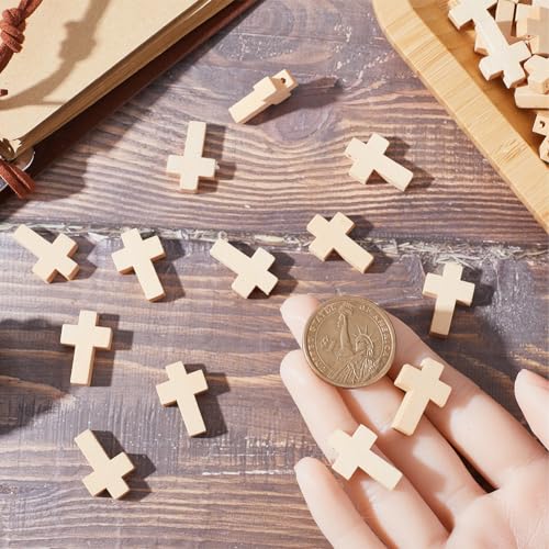 SUNNYCLUE 100Pcs White Cross Charms Bulk Natural Wood Cross Beads Mini Small Cross Bead Charm Rosary Crucifix Pocket Crosses Easter Holiday Christmas Charms for Jewelry Making Charms DIY Supplies - color: 100pcs Wood Color 22x15mm