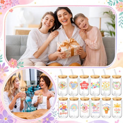 Skylety 36 Pcs Housekeeping Week Gifts Inspirational Floral Glass Cups Set - style: Cute Flower