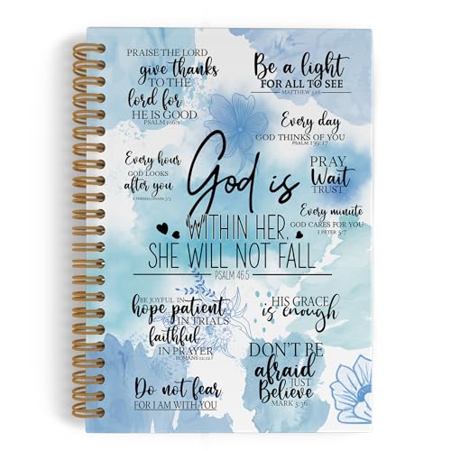 QLMX Blue Christian Spiral Notebook, God Is Within Her She Will Not Fall Journal Notebook, Bible Verse Notebooks for School Work, Inspirational Religious Office Supplies Gifts, 5.5x8.3Inch - color: blue, size: 5.5x8.3