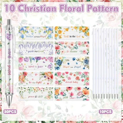 30 Pcs Christian Pens Religious Ballpoint Pen Inspirational Quotes Bible Verse Pens Christian Gifts for Women Sunday School Church Coworker Office Supplies - style: Bibleflower