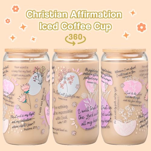 Christian Gifts for Women – 16oz Bible Verse Coffee Mug, Daily Bible Affirmations Glass Tumbler with Straw – Inspirational Religious Coffee Cup for Birthday, Mother’s Day, or Faith Lovers - color: Bible Verse-3