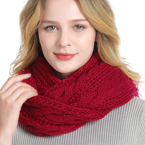 Winter Women Thick Cable Knit Ribbed Infinity Circle Loop Scarf - color: 12- Red
