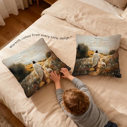 Jesus and Lamb Christian Pillow Covers 18x18, Christian Room Decor, Psalm 23 the Lord is My Shepherd Bible Verse Decorative Throw Pillow Covers for Home Church Prayer Room