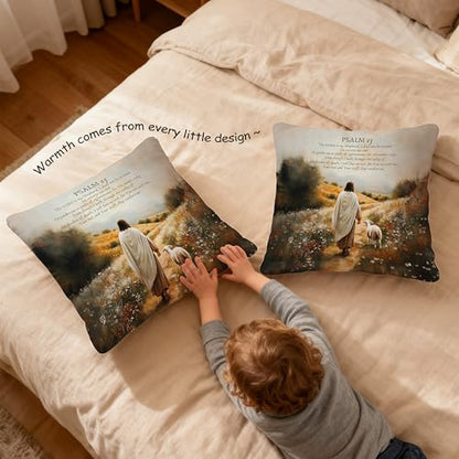 Jesus and Lamb Christian Pillow Covers 18x18, Christian Room Decor, Psalm 23 the Lord is My Shepherd Bible Verse Decorative Throw Pillow Covers for Home Church Prayer Room