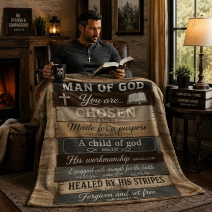 Man of God Blanket for Men, Christian Faith Gift, Bible Verse Throw - color: Rustic Wood