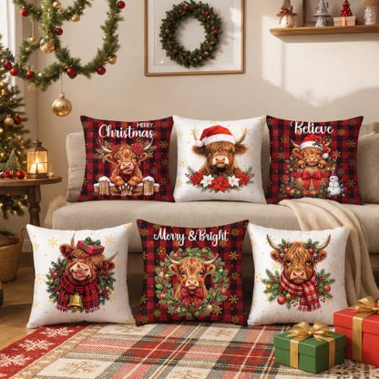 FuWeave 6 Set Christmas Pillow Covers 18 x 18 Highland Cow Pillow Case - style: Highland Cow Buffalo Plaid