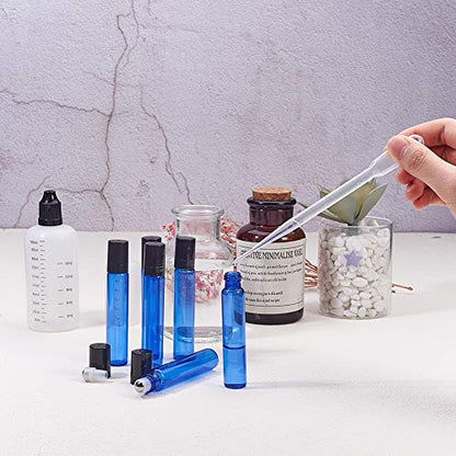 BENECREAT 30 Pack 10ml Coalt Blue Glass Roller Bottles with Stainless Steel Roller Balls, 10 Graduated Transfer Pipette and 4 Funnels for Essential Oils/Other Liquids - color: Blue, size: 10ml