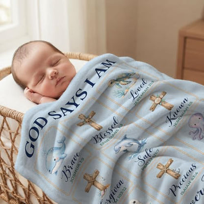 Personalized God Says I Am Ocean Baby Blanket, Christian Baby Blanket - color: Blue #2