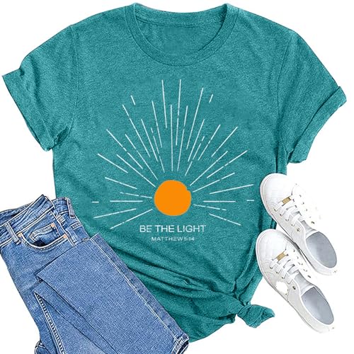 MAIHUN Christian Shirt Womens Be The Light Tshirt Sunburst Vintage Bible Verse Tee Top - color: Cyan, size: X-Large