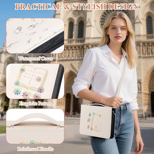 AKONEGE White Bible Cover with Handle & Shoulder Strap for Women Girls - color: White