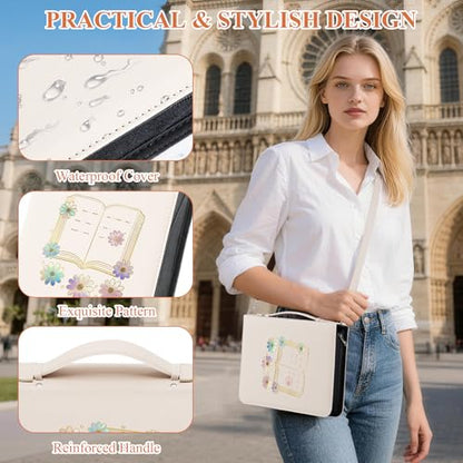AKONEGE White Bible Cover with Handle & Shoulder Strap for Women Girls - color: White