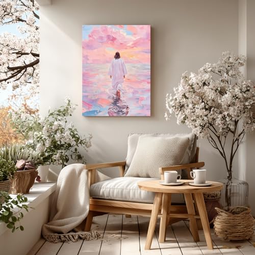 FASWQ Wrapped Canvas Pink Jesus Walking on Water Wall Art 16x24 in - color: JesusBack, size: 24"L x 16"W