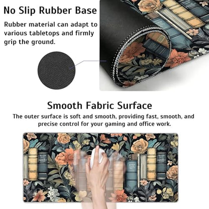 Books and Flowers Mouse Pad,35.4 x 15.7 Inch Large Mouse Mat Non-Slip Rubber Stitched Edges for Writing Desk,Office,Home,Laptop - color: Books and Flowers, size: 35.4L x 15.7W inches