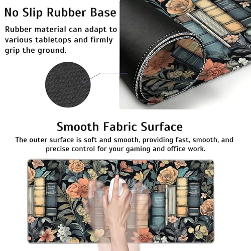 Books and Flowers Mouse Pad,35.4 x 15.7 Inch Large Mouse Mat Non-Slip Rubber Stitched Edges for Writing Desk,Office,Home,Laptop - color: Books and Flowers, size: 35.4L x 15.7W inches