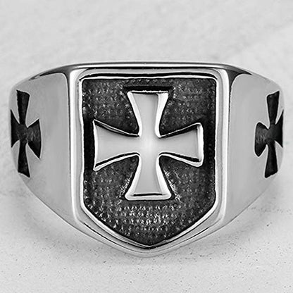 JUDE Retro Vintage Stainless Steel Crusade Cross Signet Style Cocktail Party Biker Ring