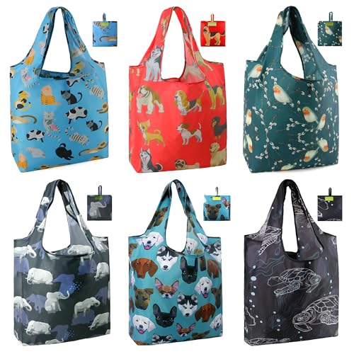BeeGreen Animal Reusable Shopping Bags Cute Grocery Bag 6 Pack, Christmas Gift Bags Heavy-Duty Foldable Shopping Totes for Supermarket, Work & Travel, Large Washable Polyester Tote Bag with Handles - color: Red, blue, gray, black, green