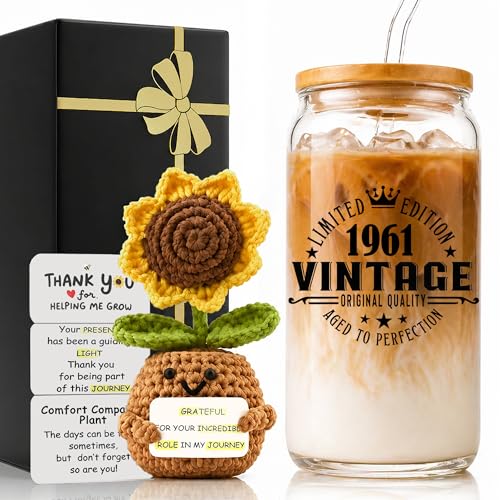 2 in 1 Personalized Glass Drinking Cup and Emotional Support Crochet Office Desk Sunflower Decor Women 65th Birthday for Her 65 Years Old Best 1961 Unique Party Gifts Decorations Funny Cool - style: 65th-1961