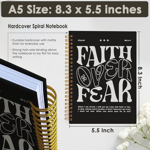 Wheatwin Faith Over Fear Christian Notebook, Bible Journal, Prayer Journal for Women & Men, Church Notes Journal, Scripture Hardcover Spiral Notebook 5.5x8.3 in - Black - color: Faith over fear - Black (bible-black)