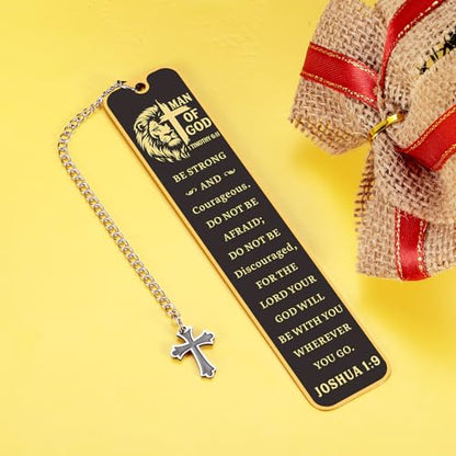 Christian Bookmark Man of God, Inspirational Lion Bible Verse Bookmark with Cross Pendant, Religious Scripture Verse Bookmarks for Man Accessories Church Confirmation Baptism Easter for Pastor Men - style: Be strong and courageous