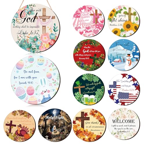 Geelin 12 Pcs Christian Seasonal Sign 12 Inch Easter Jesus He Is Risen Door Decoration Religious Cross Wood Wreath Spring Wall Hanging Art for 4th July Summer Outdoor Decor