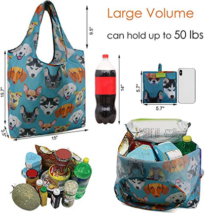 BeeGreen Shopping Bags Cloth Grocery Bags Foldable Travel Bag Tote Bags Bulk - Reusable Gift Bags with Handles (6 Pack) - Heavy Duty Large Washable Animal Holiday Design for Women Travel & Groceries - color: Black,teal,bule,gray,brown