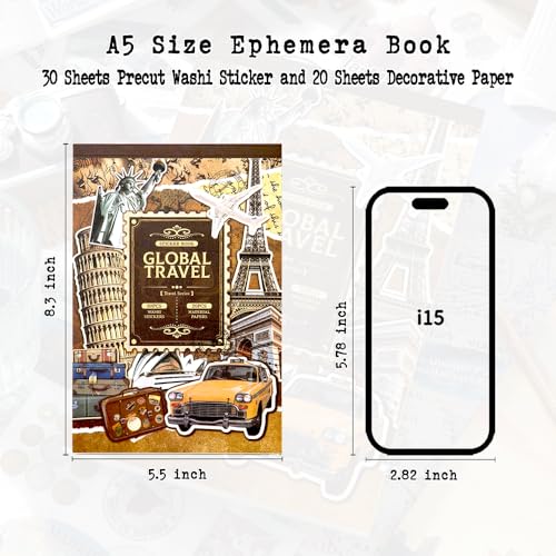 Travel Ephemera Book, 50 Sheets A5 Washi Stickers & Papers - color: 50 Travel Sticker Paper Book