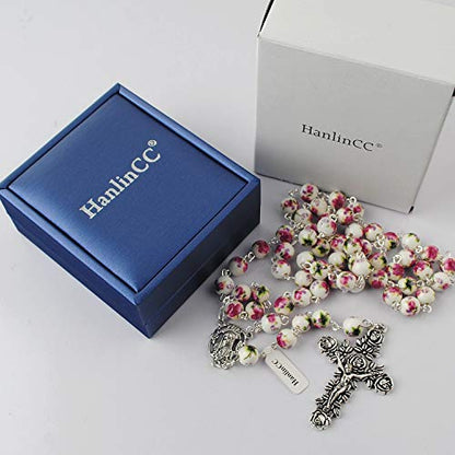 HanlinCC Catholic Rosary Pink Ceramic Flower Beads for Women with Gift Box