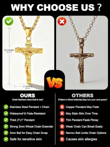 U7 Crucifix Cross Necklace for Men,with 18"-26" Chain - color: 02.Silver