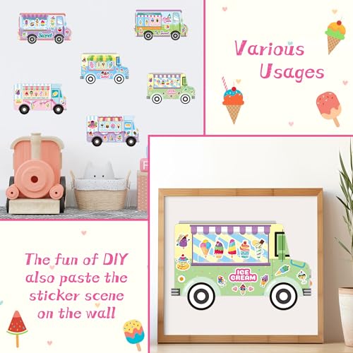 CY2SIDE Ice Cream Stickers Scene - 12set Make Your Own Ice Cream Cart Scene Sticker DIY Dessert Truck Shop Sticker with Mix Match Sweets Decals for Summer Party Classroom Activities - style: Ice Cream
