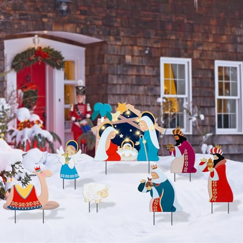 Christmas Yard Sign Decorations Outdoor with LED Lights 7 Pcs Christmas Nativity Scene Yard Signs with Metal Stakes for Xmas Holiday Party Lawn Sign Garden Decor Outdoor Yard Signs - style: Nativity Scene