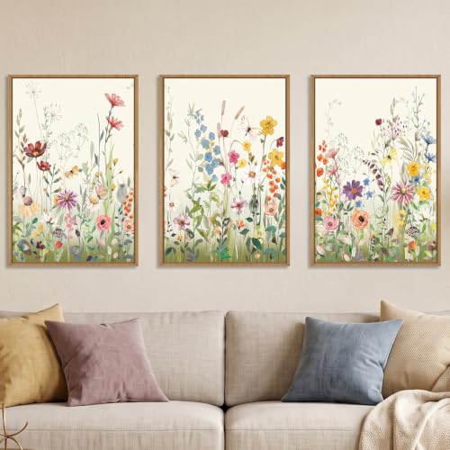 Aryroi Watercolor Colorful Wildflower Framed Canvas Wall Art Set- 24"x36"x3 - color: Pink Green Floral Wall Art, size: 24"L x 36"W