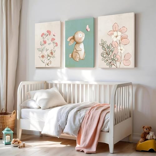 Framed Nursery Wall Art Set of 3 Pink Flower Botanical Pictures 12x16 In - color: Bunny(Canvas), size: 16"L x 12"W