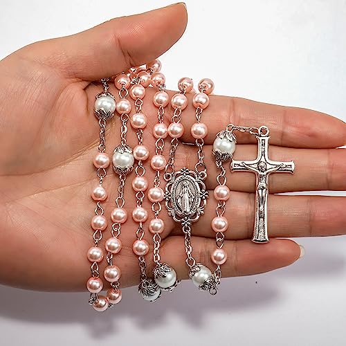 Nazareth Store Pearl Beads Rosary White Our Father Beaded Necklace Lourdes Medal & Cross Crucifix Spiritual Devotion - color: Pink