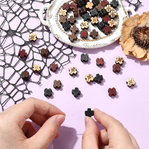 DanLingJewelry 80Pcs 4 Styles Wood Cross Shaped Beads Mini Wooden Crucifix Cross Spacer Beads for Rosary Jewelry Making DIY Crafts