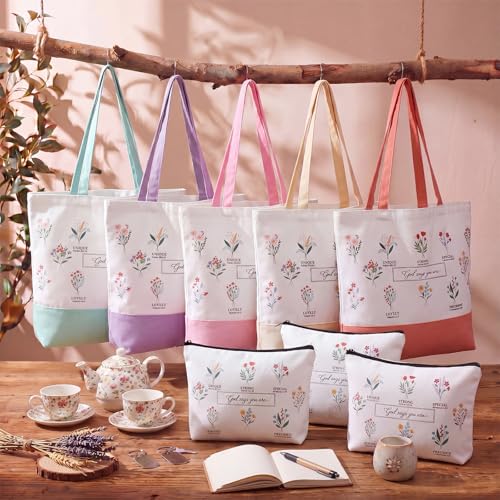 Aliceset 12 Pcs Christian Religious Gift for Women Bulk Included Bible Verse Canvas Tote Bag with Cosmetic Bag for Her Women Sister Mom Wife Birthday Mothers Day(Flower) - style: Flower