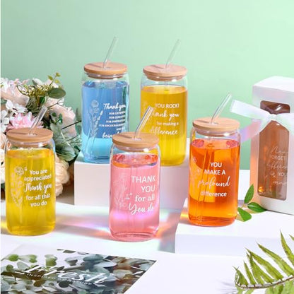 Ziliny 24 Set Thank You Gifts Bulk Employee Appreciation Gifts for Staff Christmas Coworker 16 oz Glass Cups with Lids and Straws with Gift Box Ribbon for Friends Nurse Teacher(Floral and Team) - style: Floral and Team