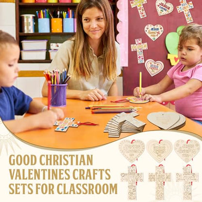 Blueweenly 24 Pcs Christian Vbs Crafts Kits for Classroom DIY Unfinished Wood Jesus Loves Me Art and Craft Cross and Heart Shaped Religious Hanging Ornament for Sunday School Classroom Home Activities