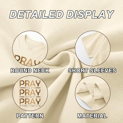 Tuislay Christian Shirts for Women Pray On It Pray Over It Pray Through It T Shirt Faith Graphic Tees Jesus Religious Tshirts - color: Apricot, size: XX-Large