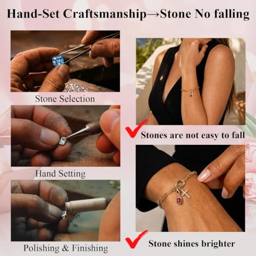 Free bird 14K Gold Cross Birthstone Bracelets for Women Dainty Charm - color: 07-July