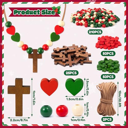 BeYumi Wooden Cross Necklace Craft - 24Pcs Christmas Wooden Cross Beads Necklace Craft Kit for Kids DIY Xmas Gift Christian Nativity Religious Jesus Decor Sunday School Classroom Party Fun Activities - style: Christmas