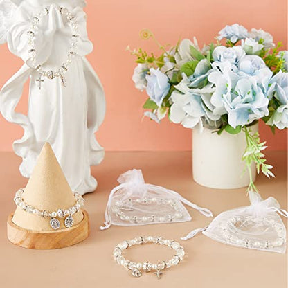 Taiyin Rosary Bracelet Bulk with Mesh Bags, White Religious Rosary Bead Bracelet Catholic Bracelets, Baptism First Communion Gifts for Women - color: Silver