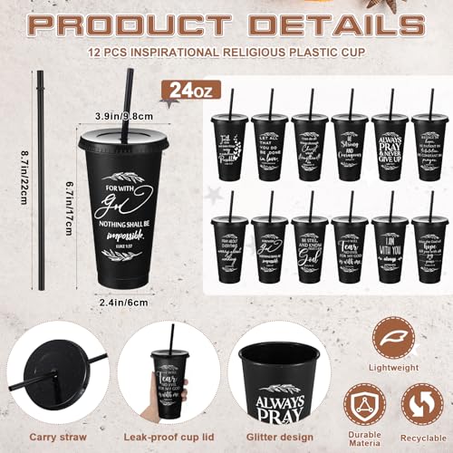 Havawish 12 Christian Tumbler Gift Bulk Religious Inspirational 24 oz Drinking Jesus Cup with Lid Straw Bible Verse Plastic Cup for Grandparents Pastor Clergy Church Sunday School, Black - color: Black
