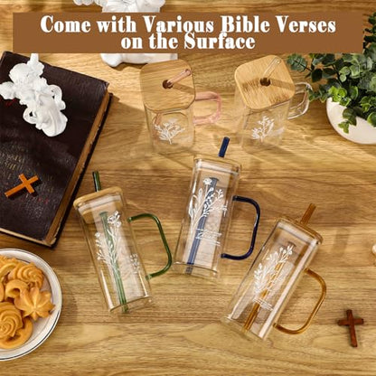 10 Pcs Christian Glass Tumbler Bulk 13.5oz Vacation Bible School Gift Bible Verse Drinking Glass with Handle Lid Straw Inspirational Religious Appreciation Cup for Church Women Office Teacher - style: Bible Style